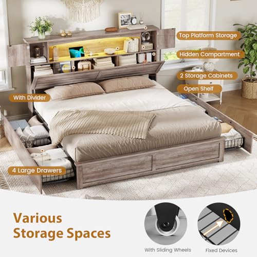 Farmhouse King Size Bed Frame with Bookcase and Storage Cabinets Headboard, view 6