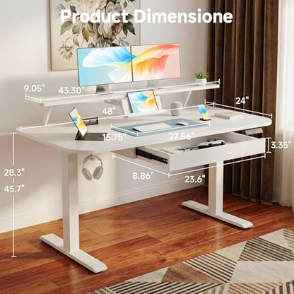 Electric Standing Desk with Drawers, 48 x 24'' Sit Stand up Desk with Monitor Stand, Laptop Stand, Height Adjustable Ergonomic Home Office Computer Desk with Memory Preset Controller