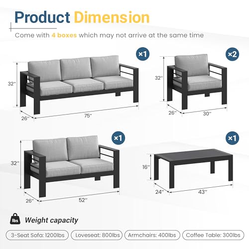 Aluminum Patio Furniture Set, All Weather Patio Sofa with 10" Back Cushion, view 3