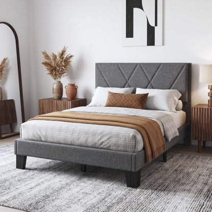 Full Platform Bed Frame with Upholstered Headboard, Gray, view 5