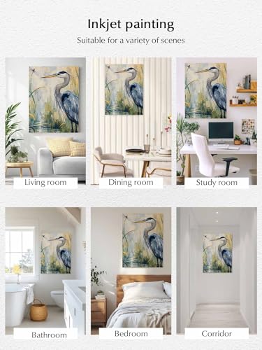 NuYeBiofx Heron Bird Country Sage Green Canvas Wall Art Prints,48"x32" Framed Picture Artwork Watercolor Oil Painting Style Printed Canvas Oil Painting for Living Room Bedroom Office,Ready to Hang