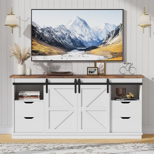 TV Stand with 4 Drawers for 65 Inch TV, Farmhouse Entertainment Center with Storage and Sliding Barn Doors, Rustic Media TV Console Cabinet with Shelves for Living Room Bedroom (Bright White)