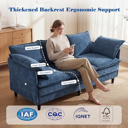 3 Seater Couch Sofa, 69" Small Couch Modern Cozy Comfy Cloud Chenille Sofa 23" Deep 1 Box & 2 Pillows & Washable Cover Couches for Living Room Bedroom Apartment Office 69-Blue