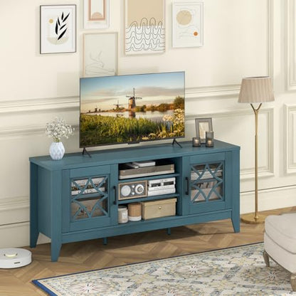 Farmhouse TV Stand for TVs Up to 65-in, Classic Media Entertainment Center w/Glass Door Cabinets & 4 Adjustable Shelves, Modern TV Console Table w/ 3 Cable Holes for Living Room (Teal Blue)