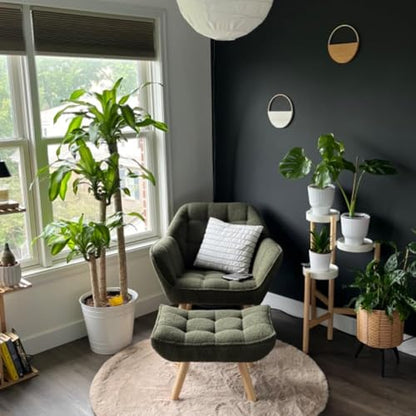 Green Sherpa Accent Chair with Ottoman ，Modern Reading Chairs with Ottoman Set, Comfy Fuzzy Armchair Living Room Chair Lounge Chair with Wood Legs for Small Spaces Bedroom Apartment