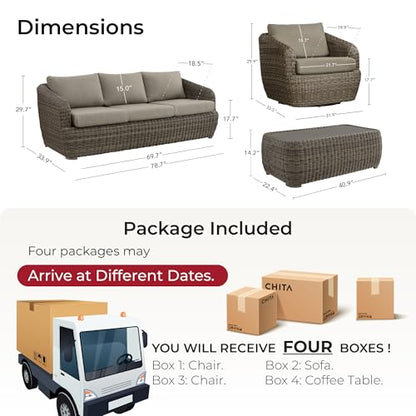 CHITA 4-Pieces Outdoor Wicker Furniture Set, Patio Conversation Set, Brown | 360° Swivel Chairs, Resin Wicker, Steel Frame, 5.1" Thick Cushion, Olefin Fabric Covers, 350 Lb Chair Capacity