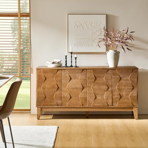 Mid Century Sideboard Buffet Cabinet with Solid Wood Legs, 60" Kitchen Storage Cabinet Credenza with 4 Doors and 2 Shelves, Accent Console Table (Seadrift)