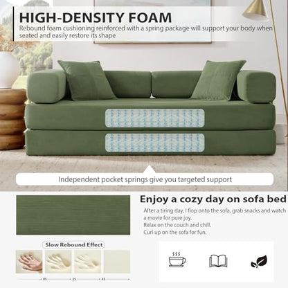 78 Inch Convertible Sleeper Sofa Bed, Folding Floor Mattress Couch with Fixed-Shape Frame, Futon Boneless Couch Lounge Loveseat with Pull Out Bed, No Assembly Required (Green)