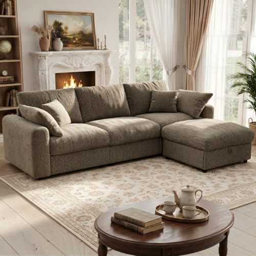 Cloud Sectional Couches for Living Room, 110" Large Modular Sectional Sofa with Wide Deep Seat, L Shaped Couch with Throw Pillow and Storage Ottoman, Brown
