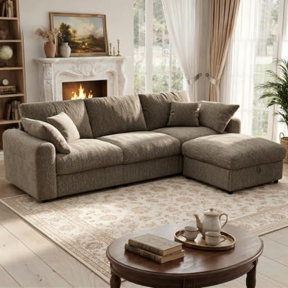 Cloud Sectional Couches for Living Room, 110" Large Modular Sectional Sofa with Wide Deep Seat, L Shaped Couch with Throw Pillow and Storage Ottoman, Brown
