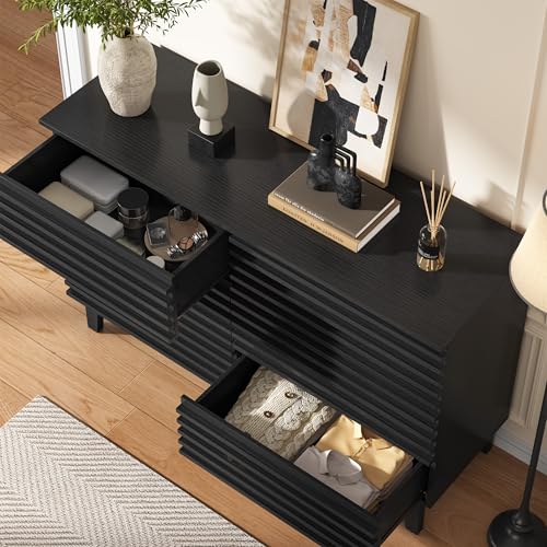 Wood Black 6 Drawer Dresser, Modern Wood Slat Double Dresser for Bedroom, view 6