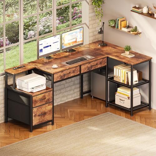 57" L Shaped Computer Desk with Power Outlet, Drawers, Rustic Brown, view 3