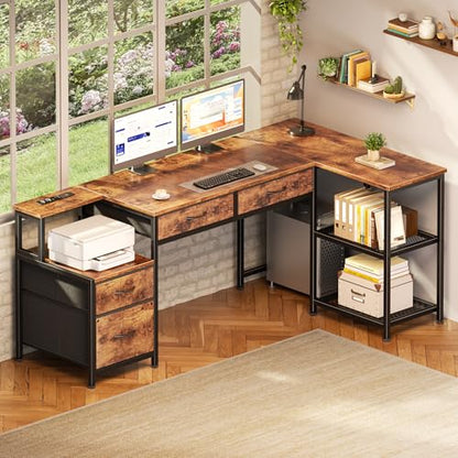 57" L Shaped Computer Desk with Power Outlet, Drawers, Rustic Brown, view 3
