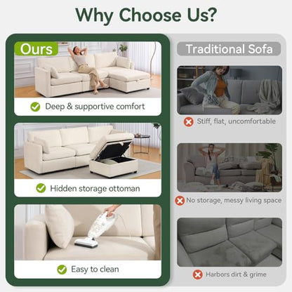 109'' Modular Sectional Sofa, L Shaped Couch with Storage Ottoman, Comfy Cloud Sofa with Deep Seat, 4 Seat Convertible Sectional Couches for Living Room (Beige, Low Legs 1.97")