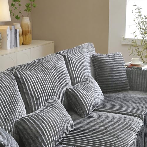 109" Modular L-Shaped Corner Cloud Sofa Corduroy Modular Couches with Deep Seat, 3 Pieces Compressed Boneless Sofa W/Right Chaise Lounge and 4 Pillows for Living Room