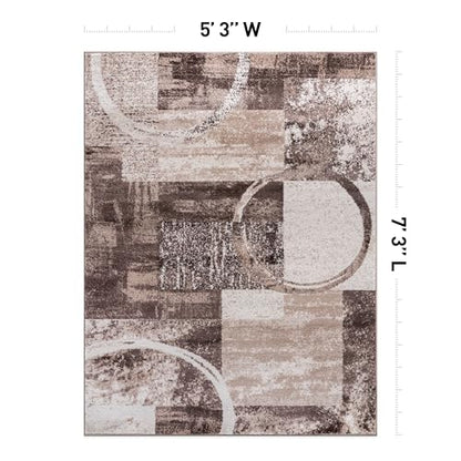 Brown Contemporary Abstract Area Rug, Soft Indoor Carpet with Jute Backing, Non-Shedding Distressed Geometric Circle Design for Living Room, Bedroom, Dining Room and Home Office, 5'3" x 7'3"