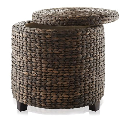 17" Round Storage Ottoman with Lid - Espresso Dark Brown, Handwoven Water Hyacinth Footstool for Living Room, Bedroom, Bathroom, Home Office