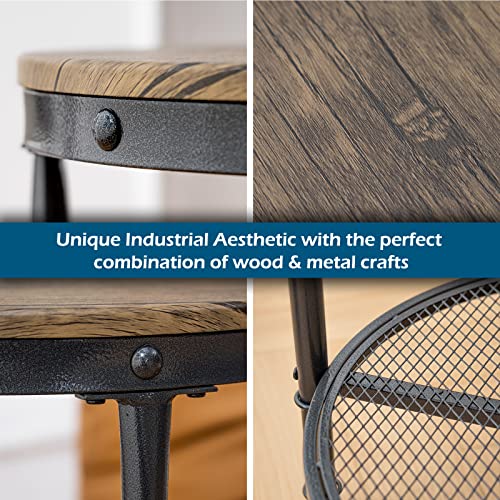 20" Side Table, Round End Tables Living Room, Industrial Small End Table with Metal Mesh, Rustic Farmhouse Side Tables for Bedroom, Office, Corner, Walnut