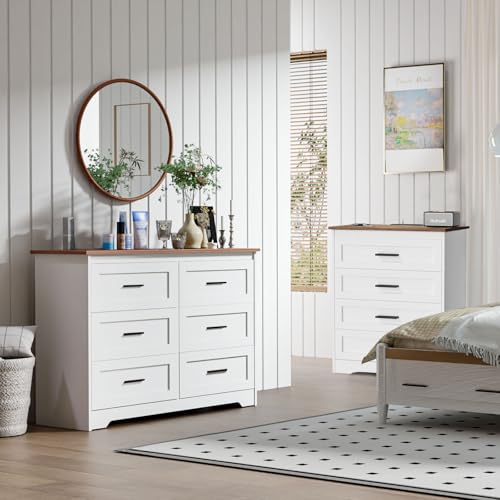 Farmhouse Dresser for Bedroom 6 Drawers Dresser with Power Outlets Rustic Chest, view 3
