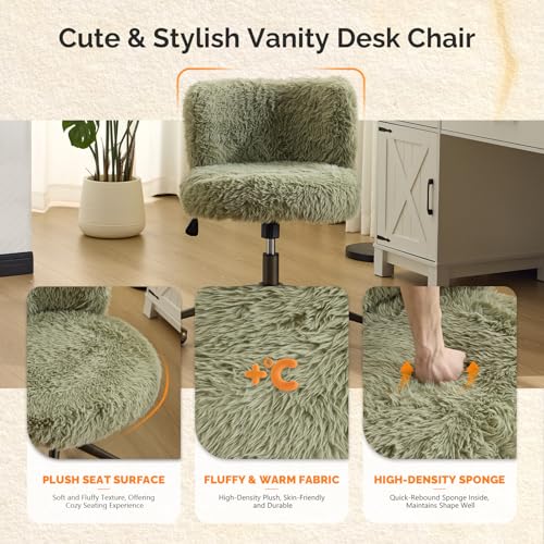 Plush Upholstery Vanity Desk Chair with Curved Back & 90-102° Tilt &Adjustable Height, Cute Rolling Chair with Bronze Base & Golden-Bronze 360° Swivel Wheels for Makeup &Home Office,Grass Green