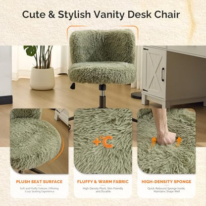 Plush Upholstery Vanity Desk Chair with Curved Back & 90-102° Tilt &Adjustable Height, Cute Rolling Chair with Bronze Base & Golden-Bronze 360° Swivel Wheels for Makeup &Home Office,Grass Green
