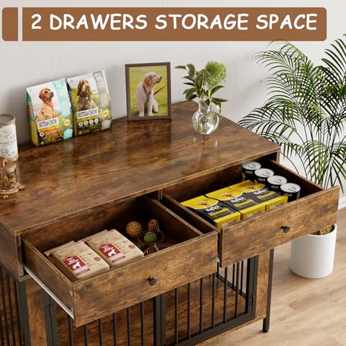 Large Dog Crate Furniture with 2 Drawers, 44 Inch Wooden Dog Kennel Indoor, view 4