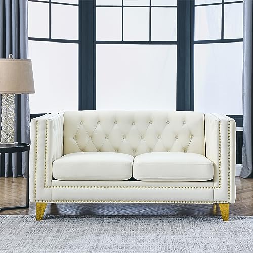 Comfy Upholstered Couches for Living Room, 58-inch Modern Button Tufted Loveseat Sofa w/Square Arm, 4 Golden Metal Legs and Gold Nail Heads for Living Room, Office, Apartment, Beige
