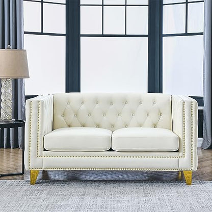 Comfy Upholstered Couches for Living Room, 58-inch Modern Button Tufted Loveseat Sofa w/Square Arm, 4 Golden Metal Legs and Gold Nail Heads for Living Room, Office, Apartment, Beige