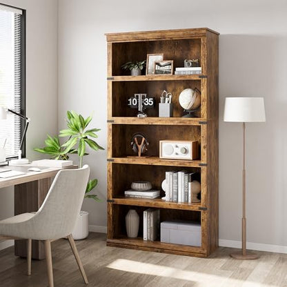 5 Tier Bookcase, Farmhouse Book Shelf with Storage, 71" Tall Book Case Wooden 5 Shelf Bookcase for Home Office, Living Room, Bed Room (Vintage, 67.4" H x 31.5" W x 12.8" D)