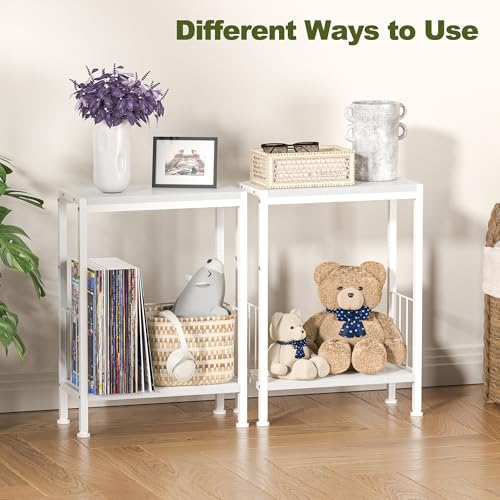 Narrow Side Table, Skinny End Tables with Magazine Holder, Small Sofa Table for Small Spaces, Space-Saving Design, Slim Nightstand Bedside Table for Living Room, Bedroom, Office, White