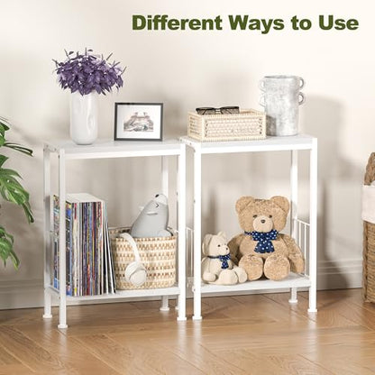Narrow Side Table, Skinny End Tables with Magazine Holder, Small Sofa Table for Small Spaces, Space-Saving Design, Slim Nightstand Bedside Table for Living Room, Bedroom, Office, White