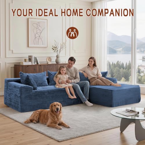 108" L-Shaped Modular Sectional Sofa with Chaise, Boneless Comfy Corduroy Fluffy Couch with Deep Seat and Side Pockets, Flexible Module Combination for Living Room, No Assembly, Side Pockets