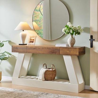 60" Farmhouse Entryway Table with Drawer, Console Table Behind Sofa, Narrow Long Entryway for Hallway, Living Room, Hallway, Behind Couch(Antique White)