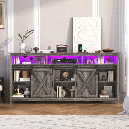 Farmhouse TV Stand for 80/75 Inch TV with Power Outlet, Entertainment Center with Storage and Sliding Barn Doors, Wood Media Console for Living Room, Grey