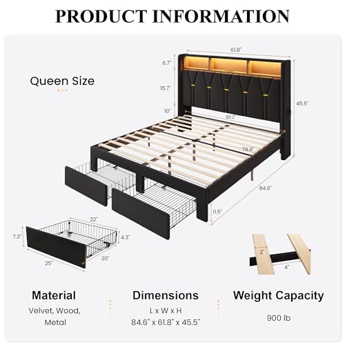 Queen Bed Frame, 2 Storage Drawers & 2-Tier Storage Headboard, view 4