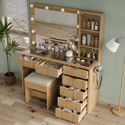 Yanosaku 47" Fluted Vanity Desk with Mirror & LED Lights, view 4