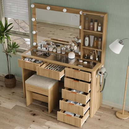 Yanosaku 47" Fluted Vanity Desk with Mirror & LED Lights, view 4