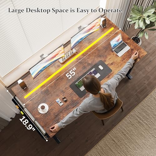 55" Office Desks with LED Lights,Gaming Writing Work from Home Study Desk with Storage Bag,Home Office Desk with Headphone Hook Sturdy Metal Frame, Rustic Brown
