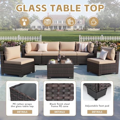 LAFWLL 7 Pieces Outdoor Patio Furniture Sets,Rattan Conversation Sectional Set,Manual Weaving Wicker Patio Sofa with Tea Table