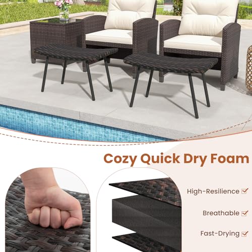 Set of 2 Patio Ottomans, Multipurpose Rattan Ottomans w/Padded Quick Dry Foam & Heavy-Duty Metal Legs, Outdoor Wicker Footrest Extra Seating for Poolside, Backyard All Weather Resistant