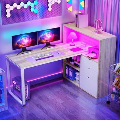 55" L Shaped Corner Desk with Bookshelf, Power & LED, Oak White, view 2