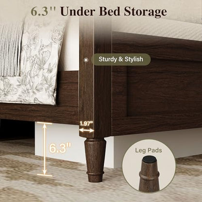 Wood Queen Size Bed Frame with Vintage Curved Headboard, Walnut, view 7