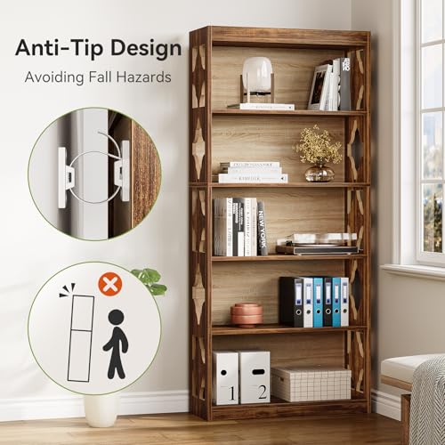 69.9" Vintage Bookshelf, 5-Tier Tall Bookshelves, Cutout Design Vertical Bookcase, Freestanding Storage Display Shelf for Living Room, Bedroom, Study, Office, 1 Pack