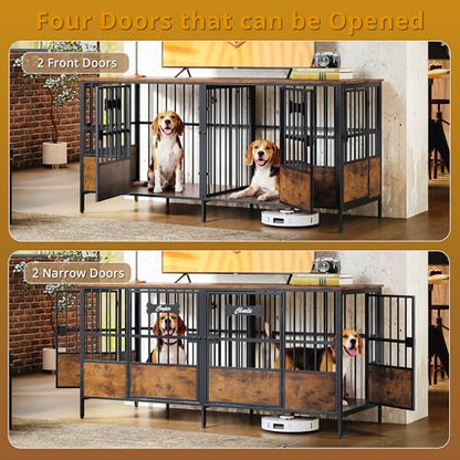 67" Double Dog Crate Furniture with Divider, Brown, view 5