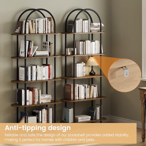 71" Arched Bookshelf 5 Tier Bookcase Open Bookshelf with Metal Frame Plant Stand Freestanding Display Rack Tall Shelving for Bedroom Living Room Home Office Bathroom Black + Retro Color