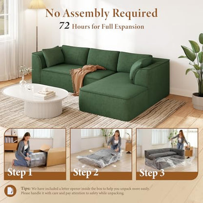 106" Cloud Sectional Couch with Chaise, Deep Seat Modular Sectional Sofa Chenille Memory Foam Sofa Boneless Couches for Living Room Bedroom, No Assembly Required (Green, Right-Facing Chaise)