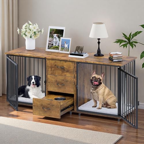 74 Inch Double Dog Crate Furniture for 2 Dogs & 2 Feeder Bowls, view 8