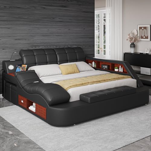 Luxury King Bed Frame PU Leather Bluetooth USB AF, view 2