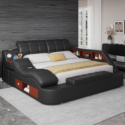 Luxury King Bed Frame PU Leather Bluetooth USB AF, view 2