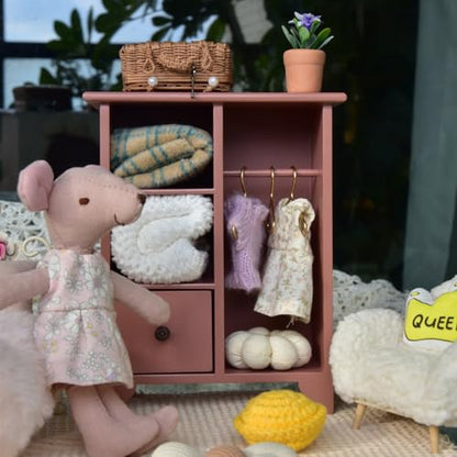 Funy Mini House 1/12 Scale Wood Dollhouse Furniture Wardrobe - Miniature Bedroom Furniture Closet with 3 Hangers Sliding Drawer for BJD/OB11 Birthday Holiday for 3+ Year Old (Pink)